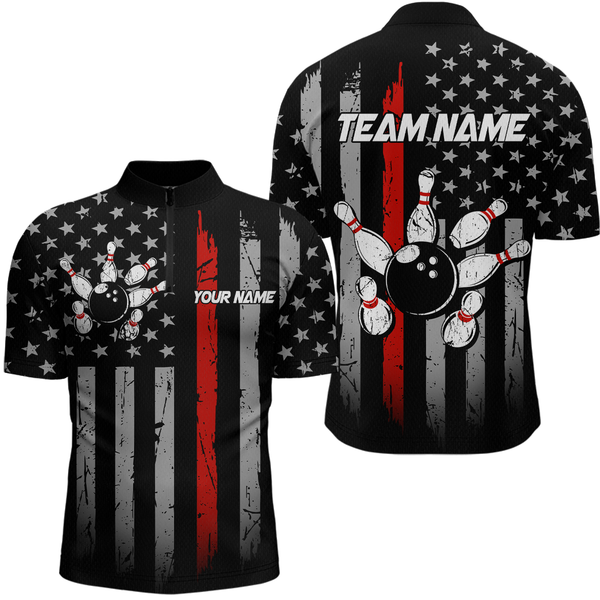 Maxcorners Us Red Flag Bowling Shirt For Men Custom Name Polo & Quarter-Zip Bowling Jersey Bowling Team Shirt 