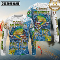 Maxcorners Mahi-Mahi Fishing Patriotic Splash “Making Memories One Fish At A Time” Personalized Name, Team Name Long Sleeve Shirt