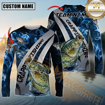 Maxcorners Crappie Fishing Blue Flame Smoke Silver Dynamic Wave Sport Jersey Personalized Name, Team Name Long Sleeve Shirt