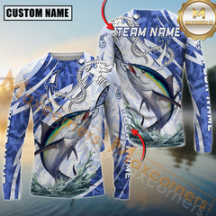Maxcorners Tuna Fishing Jumping Fish Rope Hook Ocean Theme Pattern Sport Jersey Personalized Name, Team Name Long Sleeve Shirt