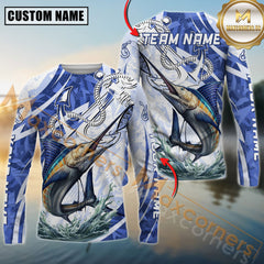 Maxcorners Marlin Fishing Jumping Fish Rope Hook Ocean Theme Pattern Sport Jersey Personalized Name, Team Name Long Sleeve Shirt