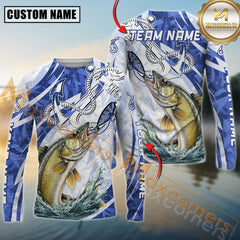 Maxcorners Walleye Fishing Jumping Fish Rope Hook Ocean Theme Pattern Sport Jersey Personalized Name, Team Name Long Sleeve Shirt