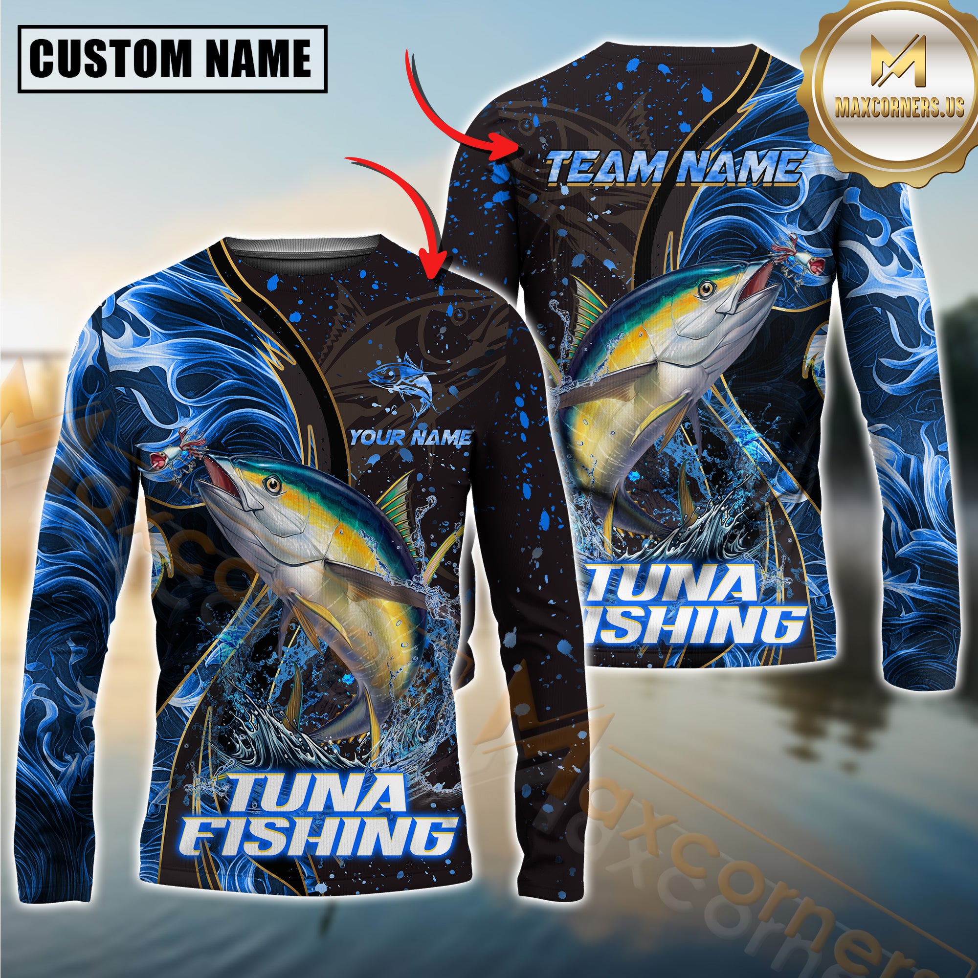 Custom Tuna Fishing Shirt Long Sleeve – 3D Jumping Fish Design with Personalized Name and Team Name for Angler