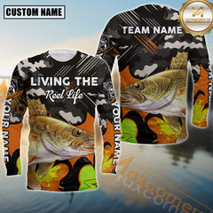 Maxcorners Walleye Fishing Jersey Living the Reel Life Camo Style Sport Jersey Personalized Name, Team Name Long Sleeve Shirt