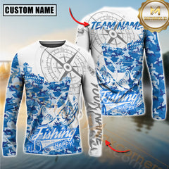 Maxcorners Pike Fishing Blue Camouflage Compass Hook Design Pattern Sport Jersey Personalized Name, Team Name Long Sleeve Shirt
