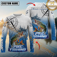 Maxcorners Pike Fishing Realistic Fish Compass Anchor Pattern Sport Jersey Personalized Name, Team Name Long Sleeve Shirt