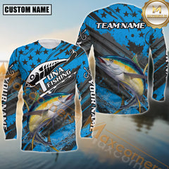 Maxcorners Tuna Fishing Blue Star Grunge Style Pattern Sport Jersey Personalized Name, Team Name Long Sleeve Shirt