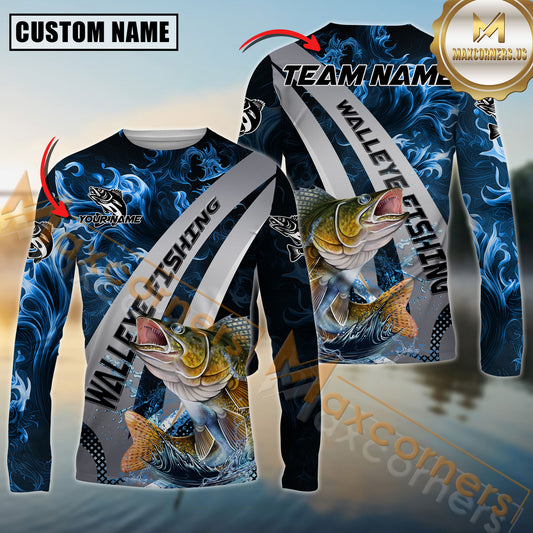 Maxcorners Walleye Fishing Blue Flame Smoke Silver Dynamic Wave Sport Jersey Personalized Name, Team Name Long Sleeve Shirt