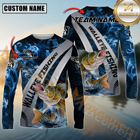 Custom Walleye Fishing Shirt Long Sleeve – 3D Jumping Fish Design with Personalized Name and Team Name for Anglers

