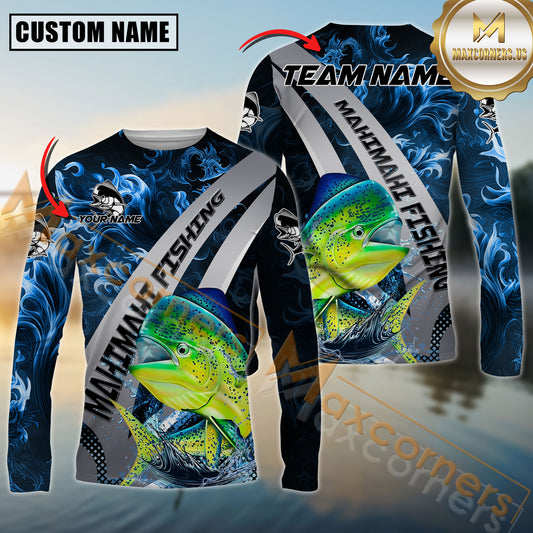 Maxcorners Mahi-Mahi Fishing Blue Flame Smoke Silver Dynamic Wave Sport Jersey Personalized Name, Team Name Long Sleeve Shirt