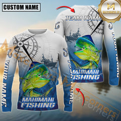 Maxcorners Mahi-Mahi Fishing Realistic Fish Compass Anchor Pattern Sport Jersey Personalized Name, Team Name Long Sleeve Shirt