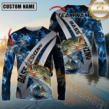 Maxcorners Bass Fishing Blue Flame Smoke Silver Dynamic Wave Sport Jersey Personalized Name, Team Name Long Sleeve Shirt