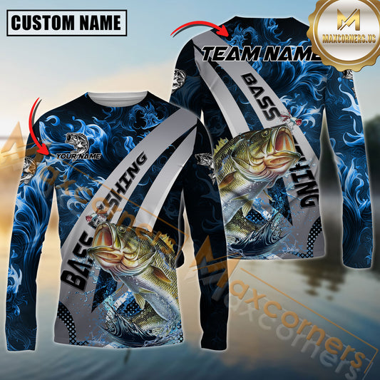 Maxcorners Bass Fishing Blue Flame Smoke Silver Dynamic Wave Sport Jersey Personalized Name, Team Name Long Sleeve Shirt