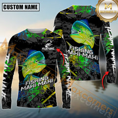 Maxcorners Mahi-Mahi Fishing Black Scales SkinFish Pattern Sport Jersey Personalized Name, Team Name Long Sleeve Shirt