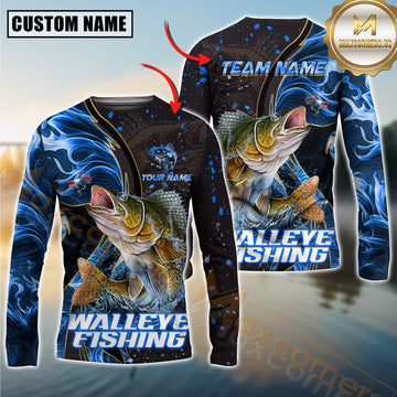 Maxcorners Walleye Fishing Blue Flame Smoke Line Premium Style Sport Jersey Personalized Name, Team Name Long Sleeve Shirt