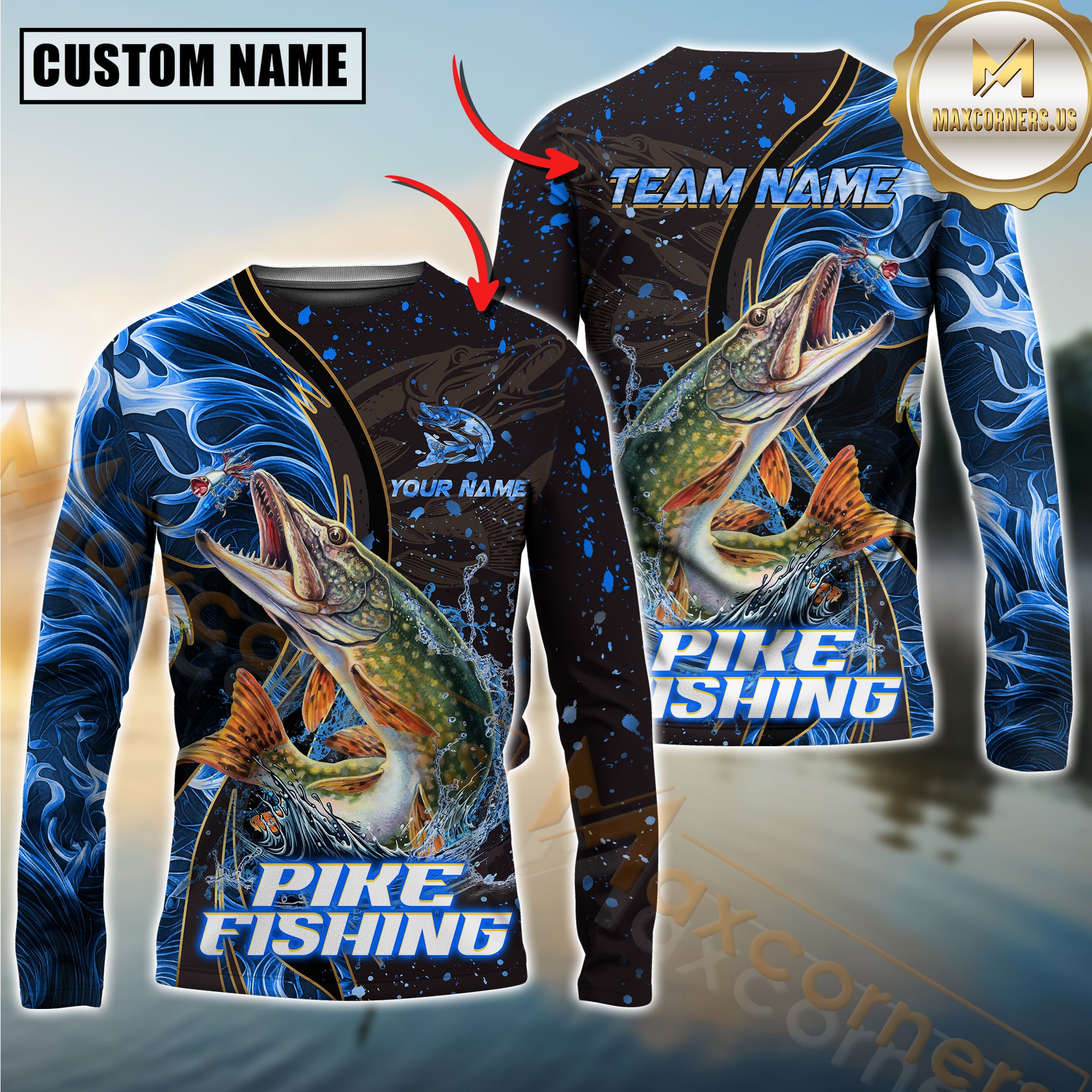 Custom Pike Fishing Shirt Long Sleeve – 3D Jumping Fish Design with Personalized Name and Team Name for Angler