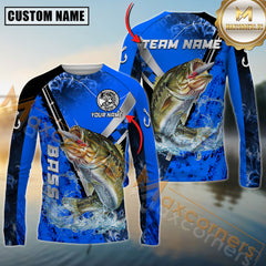 Maxcorners Bass Fishing Dark Blue Flame Silver Reel Pattern Jersey Personalized Name, Team Name Long Sleeve Shirt