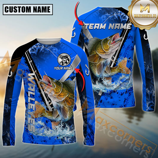 Maxcorners Walleyes Fishing Dark Blue Flame Silver Reel Pattern Jersey Personalized Name, Team Name Long Sleeve Shirt
