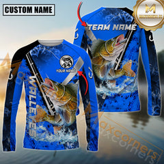 Maxcorners Walleyes Fishing Dark Blue Flame Silver Reel Pattern Jersey Personalized Name, Team Name Long Sleeve Shirt