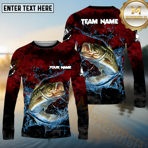 Maxcorners Bass Fishing Red Color Pattern Pattern Sport Jersey Personalized Name, Team Name Long Sleeve Shirt