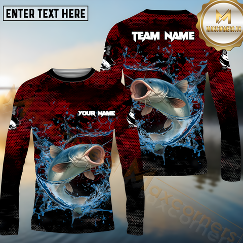 Maxcorners Catfish Fishing Red Color Pattern Pattern Sport Jersey Personalized Name, Team Name Long Sleeve Shirt