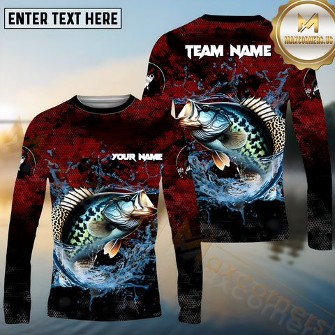 Maxcorners Crappie Fishing Red Color Pattern Pattern Sport Jersey Personalized Name, Team Name Long Sleeve Shirt
