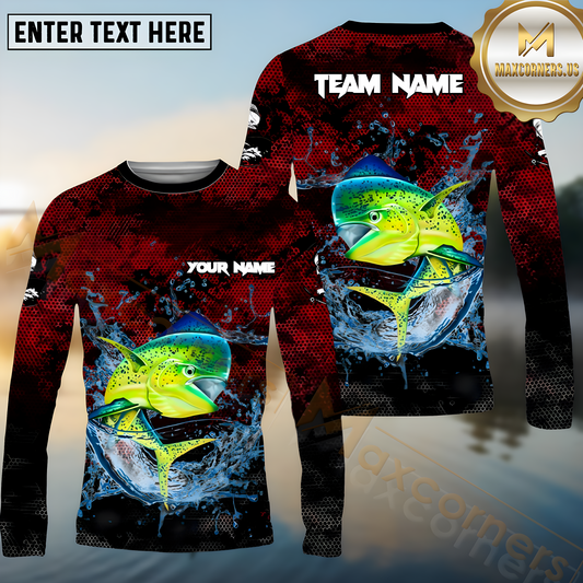 Maxcorners Mahi-Mahi Fishing Red Color Pattern Pattern Sport Jersey Personalized Name, Team Name Long Sleeve Shirt