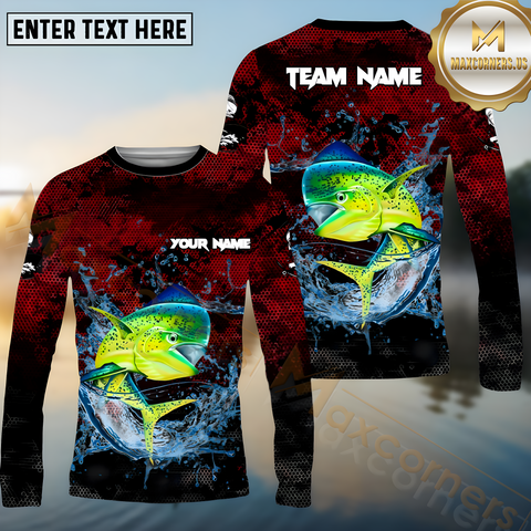 Maxcorners Mahi-Mahi Fishing Red Color Pattern Pattern Sport Jersey Personalized Name, Team Name Long Sleeve Shirt