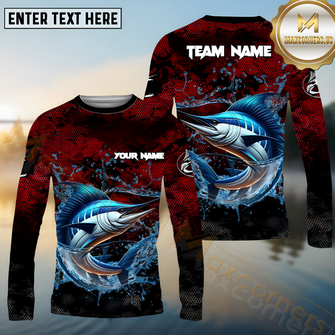 Maxcorners Marlin Fishing Red Color Pattern Pattern Sport Jersey Personalized Name, Team Name Long Sleeve Shirt