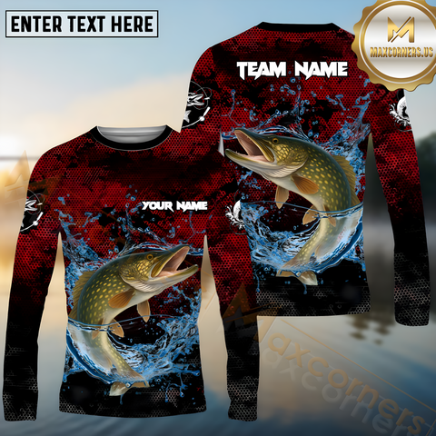 Maxcorners Pike Fishing Red Color Pattern Pattern Sport Jersey Personalized Name, Team Name Long Sleeve Shirt