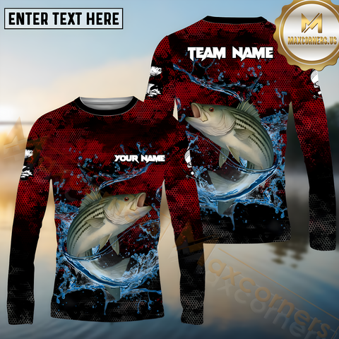 Maxcorners Striped Bass Fishing Red Color Pattern Pattern Sport Jersey Personalized Name, Team Name Long Sleeve Shirt