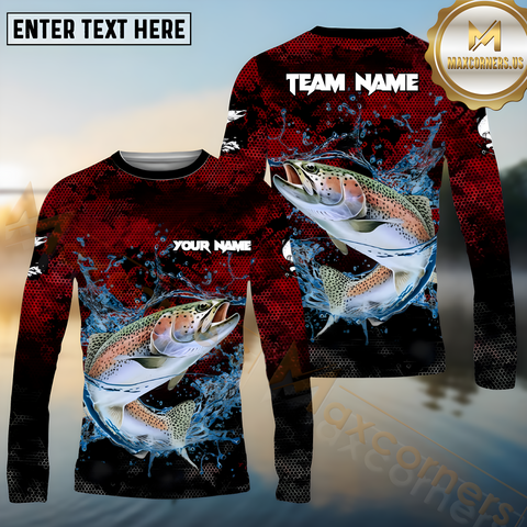 Maxcorners Trout Fishing Red Color Pattern Pattern Sport Jersey Personalized Name, Team Name Long Sleeve Shirt