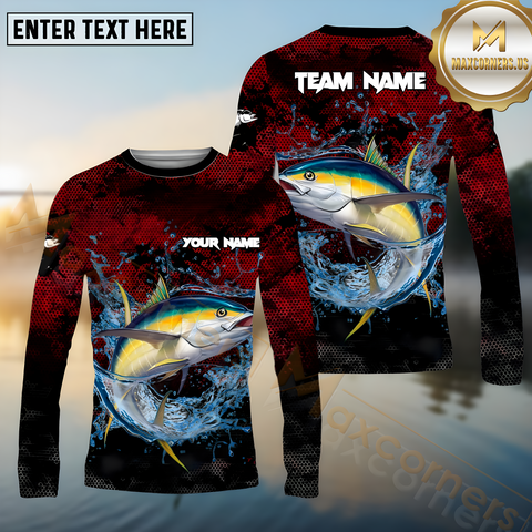 Maxcorners Tuna Fishing Red Color Pattern Pattern Sport Jersey Personalized Name, Team Name Long Sleeve Shirt