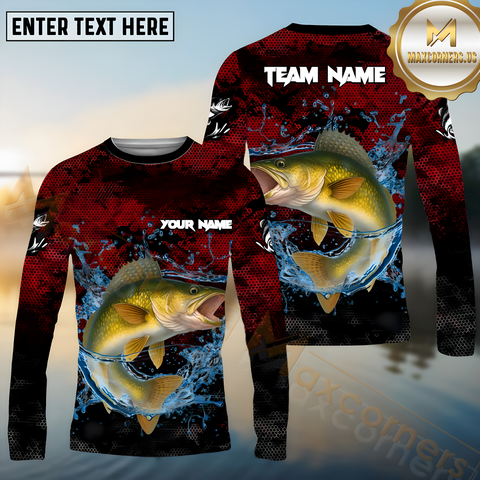 Maxcorners Walleye Fishing Red Color Pattern Pattern Sport Jersey Personalized Name, Team Name Long Sleeve Shirt