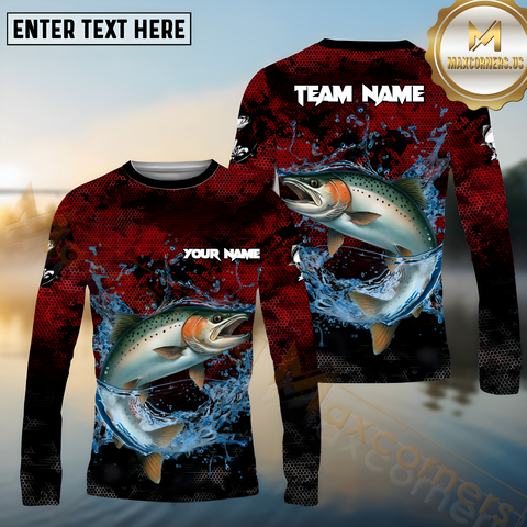 Maxcorners Salmon Fishing Red Color Pattern Pattern Sport Jersey Personalized Name, Team Name Long Sleeve Shirt