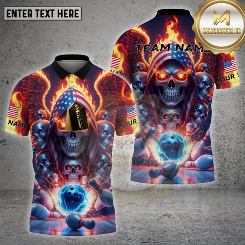 Maxcorners Bowling Shirt American Flag Flaming Skull Glowing Ball Multicolor Options Personalized Name, Team Name 3D Shirt (4 Colors)