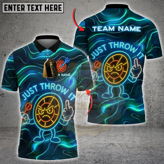 Maxcorners Dart Polo Shirt Neon Angry Target “Just Throw It” Design Multicolor Options Personalized Name, Team Name 3D Shirt (4 Colors)