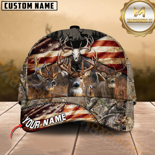 Maxcorners American Flag Deer Hunting Camo Multicolor Options Personalized Name 3D Cap