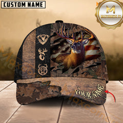 Maxcorners Deer Hunting American Flag Camo Leather Multicolor Options Personalized Name 3D Cap