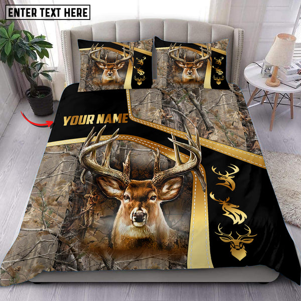 Maxcorners Custom Name Deer Hunting Grass Brown Camo Golden Pattern Bedding Set 3D All Over Printed