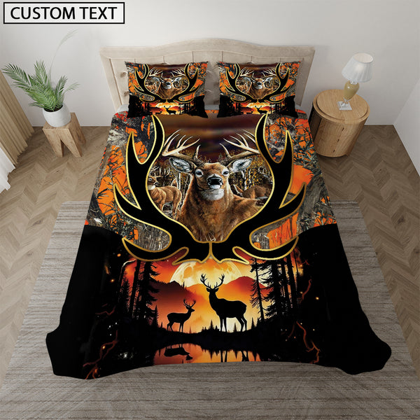 Maxcorners Custom Name Deer Hunting Orange Camo Couple Sunset Pattern Bedding Set 3D All Over Printed