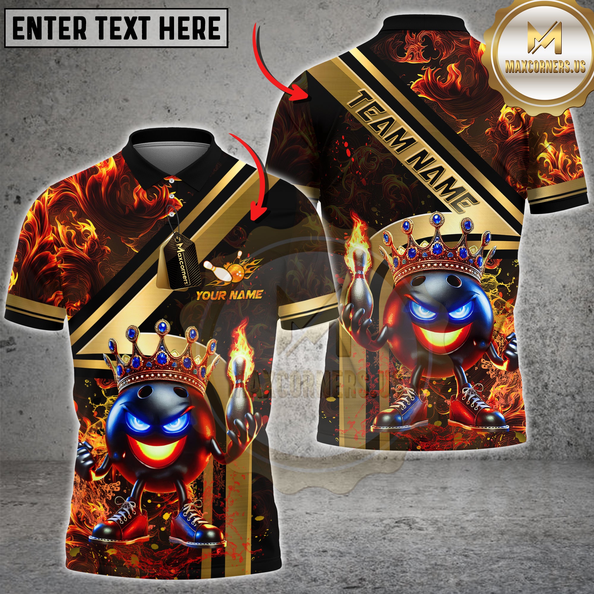 Custom Bowling Shirt with Crown Bowling Ball Design – Flame Bowling Pin, Unisex 3D Jersey