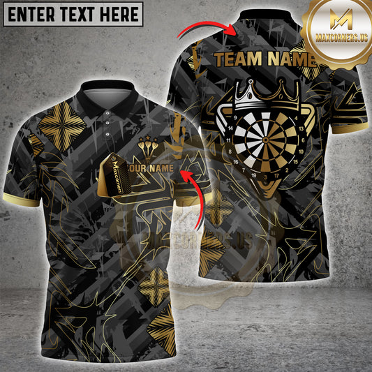 Elegant Gold Dartboard Shirt with Crown Design â€“ Black Custom Name and Team 3D Darts Jersey for Pro Players