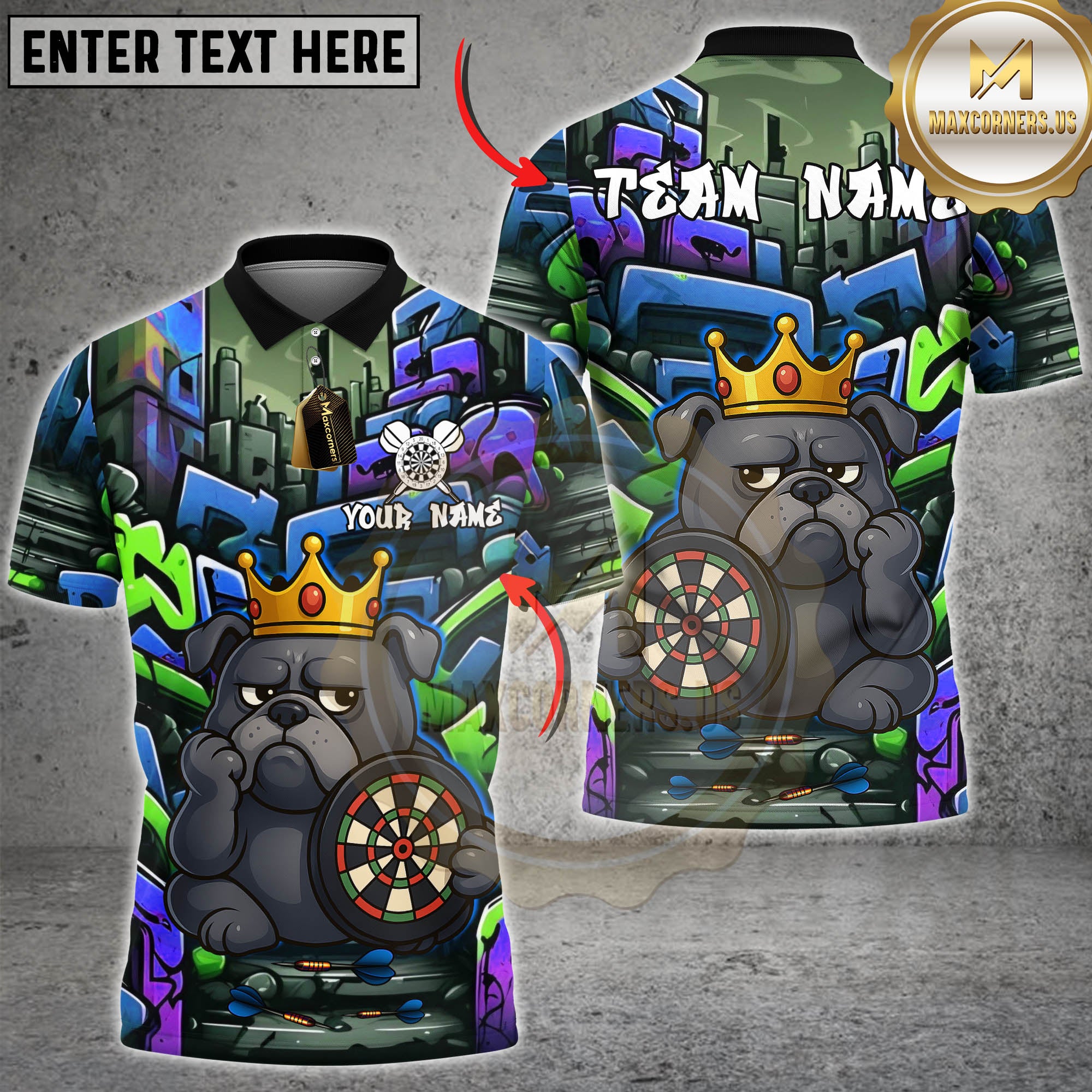 Graffiti-style darts shirt featuring a cartoon bulldog with a crown, holding a dartboard. Urban background with vibrant neon colors.