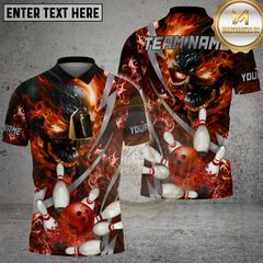 Maxcorners Flame Skull Bowling Shirt Electric Skull With Bowling Ball Multicolor Options Personalized Name Team Name 3D Shirt (4 Colors)