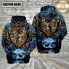 Maxcorners Deer Hunting Antler Blue Camo Forest Golden Line Pattern Custom Name Shirt 3D All Over Printed Clothes