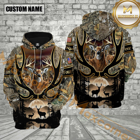 Maxcorners Deer Hunting Antler Brown Camo Forest Golden Line Pattern Custom Name Shirt 3D All Over Printed Clothes