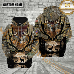 Maxcorners Deer Hunting Antler Brown Camo Forest Golden Line Pattern Custom Name Shirt 3D All Over Printed Clothes