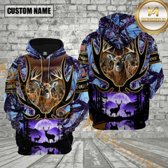 Maxcorners Deer Hunting Antler Purple Camo Forest Golden Line Pattern Custom Name Shirt 3D All Over Printed Clothes