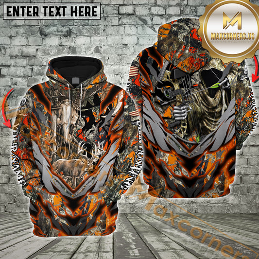 Maxcorners Hunting Hoodie Grim Reaper Bowhunter Skull Deer Orange Camo Multioptions Custom Name Shirt 3D All Over Printed Clothes